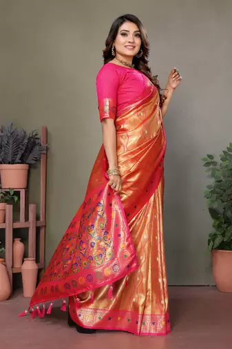Orange Vasantani Banarasi style tissue silk bland contrust border saree with Blouse