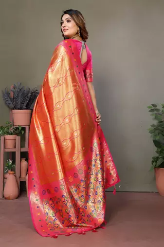 Orange Vasantani Banarasi style tissue silk bland contrust border saree with Blouse