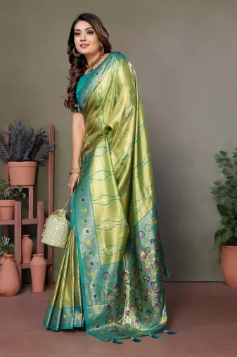 Parrot Green Vasantani Banarasi style tissue silk bland contrust border saree with Blouse