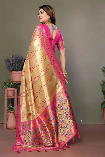 Pink Vasantani Banarasi style tissue silk bland contrust border saree with Blouse