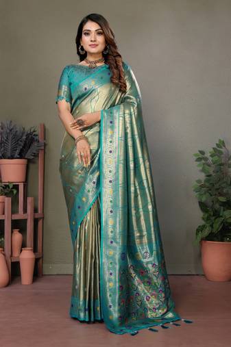 Teal Vasantani Banarasi style tissue silk bland contrust border saree with Blouse