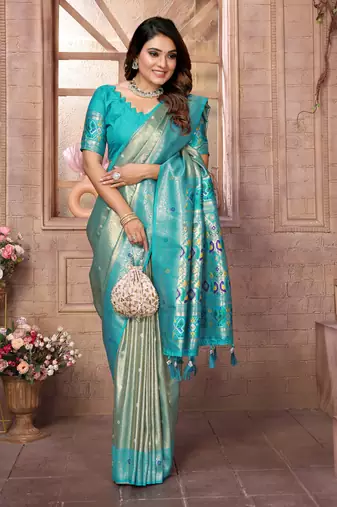 Firozi Panchtani Kanjivaram Style Tissue silk bland zari work saree with Blouse
