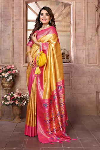 Yellow Panchtani Kanjivaram Style Tissue silk bland zari work saree with Blouse