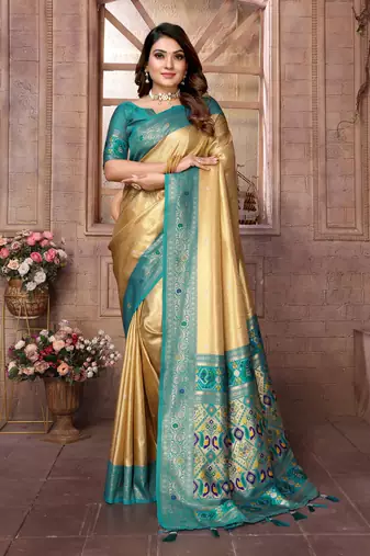 Light Yellow Panchtani Kanjivaram Style Tissue silk bland zari work saree with Blouse