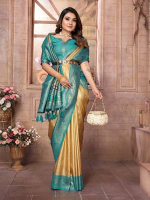 Light Yellow Panchtani Kanjivaram Style Tissue silk bland zari work saree with Blouse 4