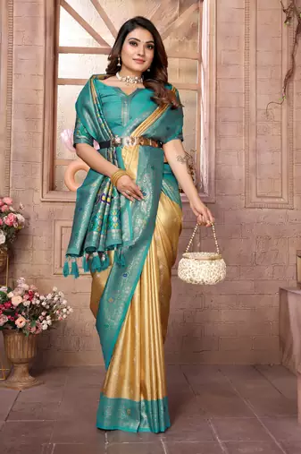 Light Yellow Panchtani Kanjivaram Style Tissue silk bland zari work saree with Blouse