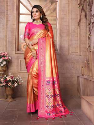 Orange Panchtani Kanjivaram Style Tissue silk bland zari work saree with Blouse 1