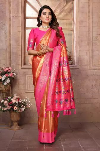 Orange Panchtani Kanjivaram Style Tissue silk bland zari work saree with Blouse
