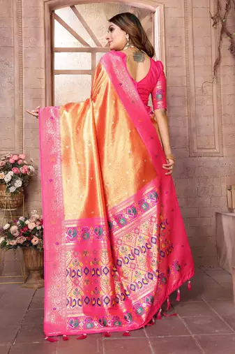 Orange Panchtani Kanjivaram Style Tissue silk bland zari work saree with Blouse