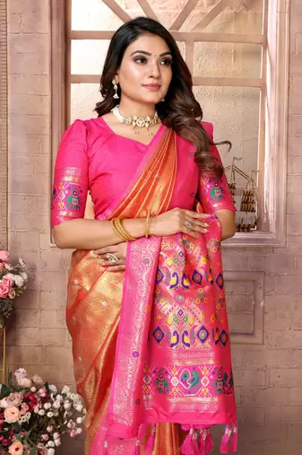 Orange Panchtani Kanjivaram Style Tissue silk bland zari work saree with Blouse