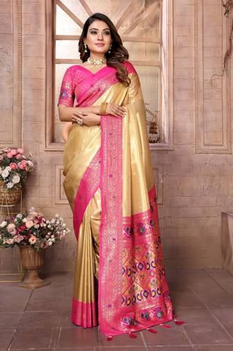 Lemon Green Panchtani Kanjivaram Style Tissue silk bland zari work saree with Blouse