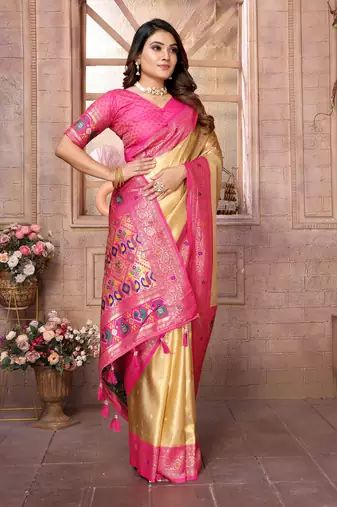 Lemon Green Panchtani Kanjivaram Style Tissue silk bland zari work saree with Blouse