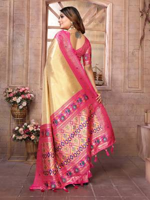 Lemon Green Panchtani Kanjivaram Style Tissue silk bland zari work saree with Blouse 4