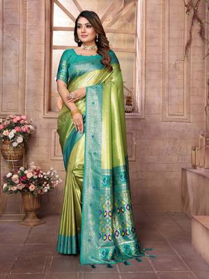 Parrot Green Panchtani Kanjivaram Style Tissue silk bland zari work saree with Blouse 1