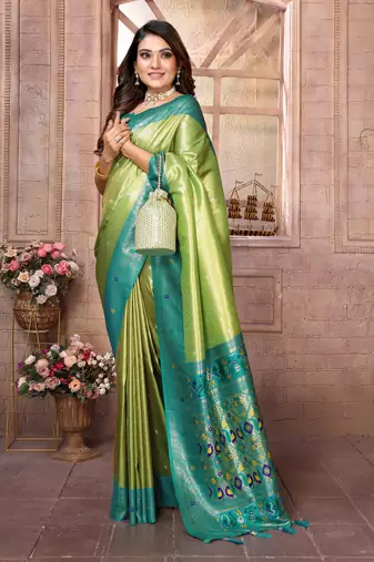 Parrot Green Panchtani Kanjivaram Style Tissue silk bland zari work saree with Blouse