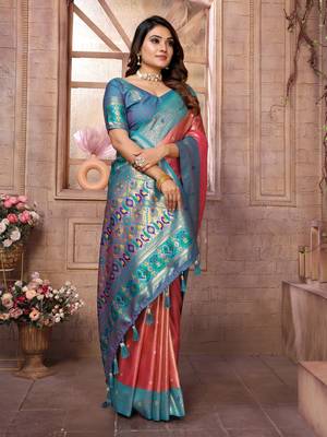 Red Panchtani Kanjivaram Style Tissue silk bland zari work saree with Blouse 3