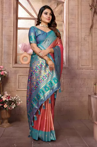Red Panchtani Kanjivaram Style Tissue silk bland zari work saree with Blouse