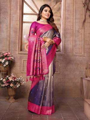Violet Panchtani Kanjivaram Style Tissue silk bland zari work saree with Blouse 3