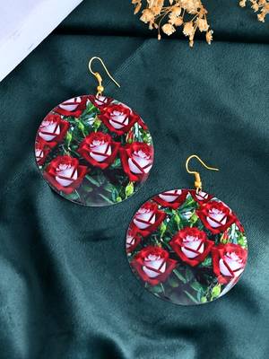 Red rose patterned round dangle earrings 3