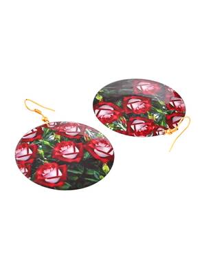 Red rose patterned round dangle earrings 4