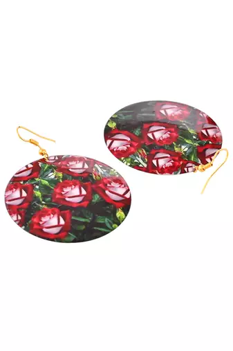Red rose patterned round dangle earrings