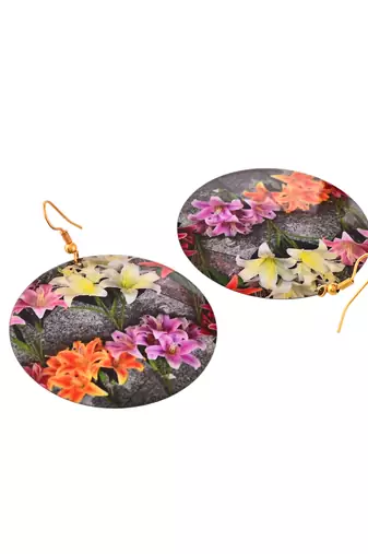 Floral print round earrings