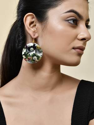 Elegant floral print round dangle earrings 1