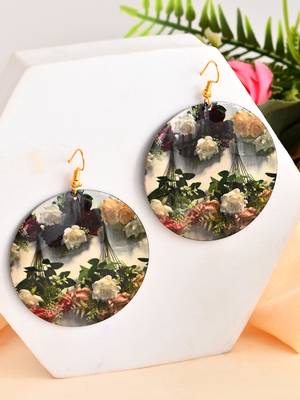 Elegant floral print round dangle earrings 2