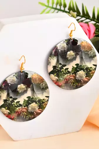Elegant floral print round dangle earrings