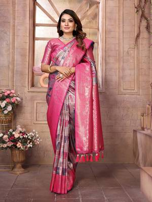 Violet Somya checks Banarasi style silk bland zari weaving contrust Border saree with Blouse 3