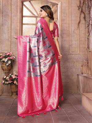 Violet Somya checks Banarasi style silk bland zari weaving contrust Border saree with Blouse 4