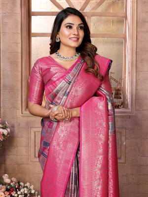 Violet Somya checks Banarasi style silk bland zari weaving contrust Border saree with Blouse 5