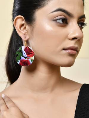 Floral print round earrings with red and white roses 1