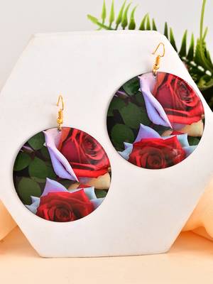Floral print round earrings with red and white roses 2