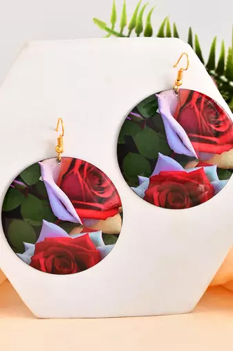 Floral print round earrings with red and white roses