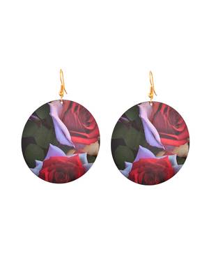 Floral print round earrings with red and white roses 3