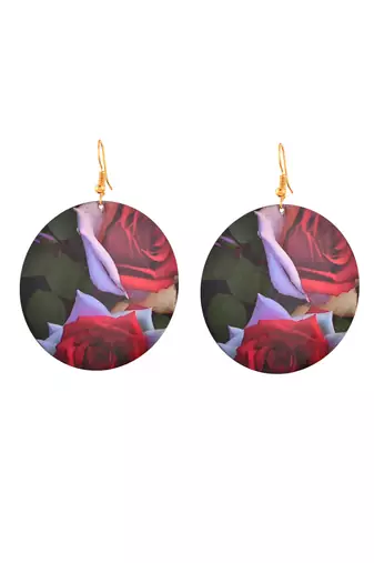 Floral print round earrings with red and white roses