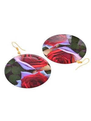 Floral print round earrings with red and white roses 4