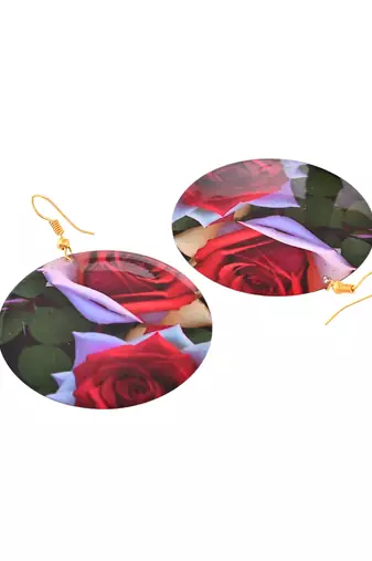 Floral print round earrings with red and white roses