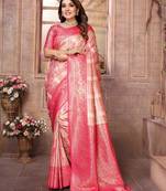 Pink Somya checks Banarasi style silk bland zari weaving contrust Border saree with Blouse