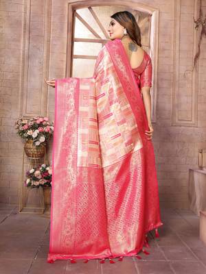 Pink Somya checks Banarasi style silk bland zari weaving contrust Border saree with Blouse 3