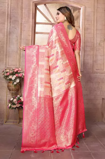 Pink Somya checks Banarasi style silk bland zari weaving contrust Border saree with Blouse