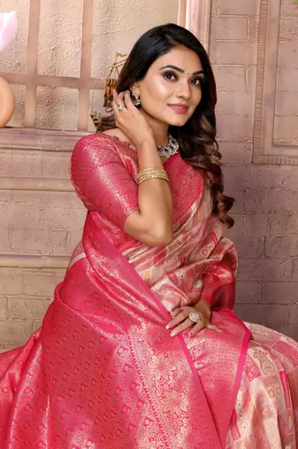 Pink Somya checks Banarasi style silk bland zari weaving contrust Border saree with Blouse