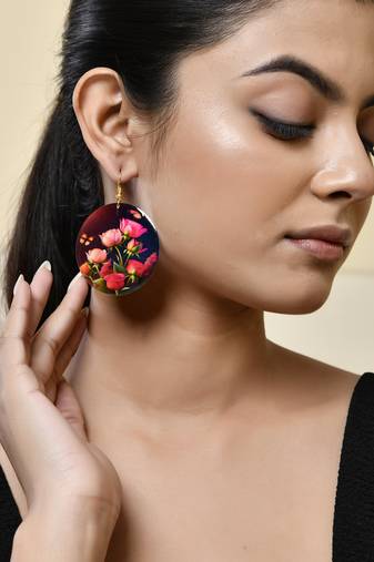 Floral round earrings with vibrant pink roses and butterflies