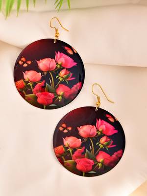 Floral round earrings with vibrant pink roses and butterflies 2