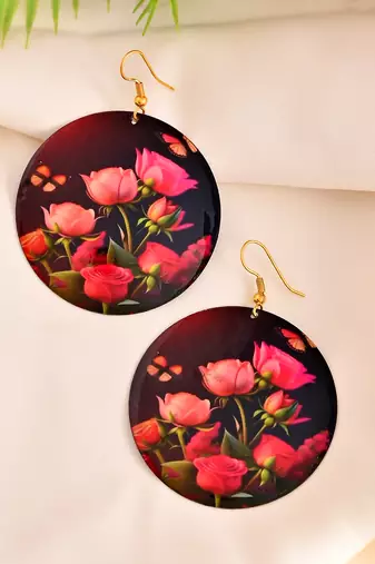 Floral round earrings with vibrant pink roses and butterflies