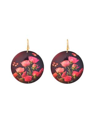 Floral round earrings with vibrant pink roses and butterflies 3