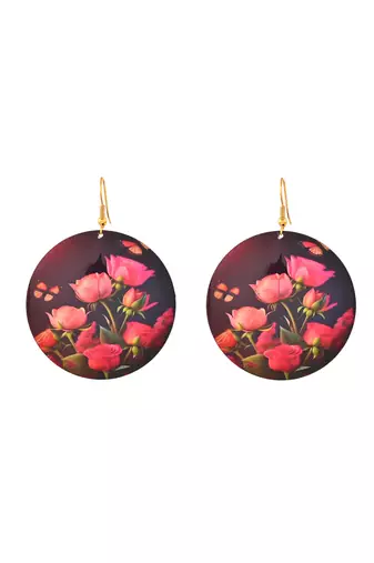 Floral round earrings with vibrant pink roses and butterflies