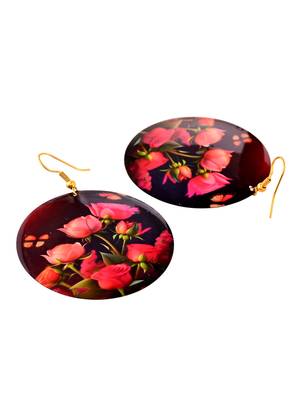 Floral round earrings with vibrant pink roses and butterflies 4