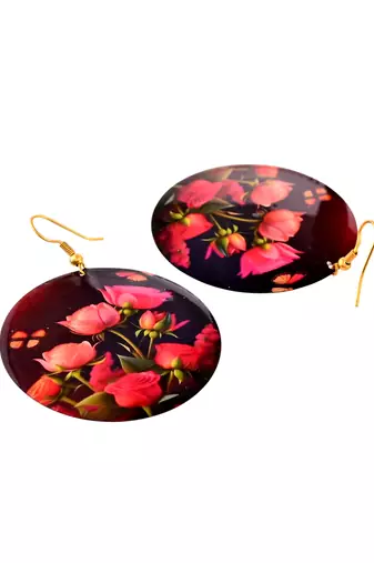 Floral round earrings with vibrant pink roses and butterflies